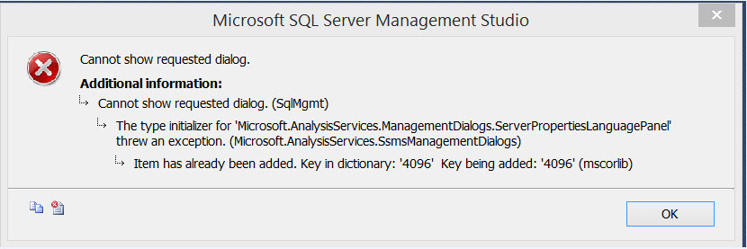 erro do SQL Management Studio não mostra a caixa de diálogo solicitada